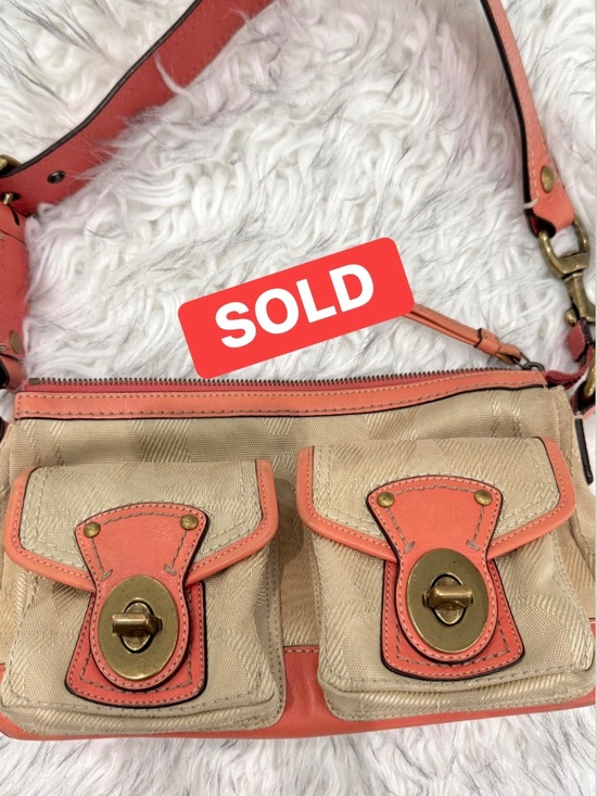 Coach Handbags - Vintage Coach Legacy Signature Canvas Turnlock Bag - Coral & Khaki